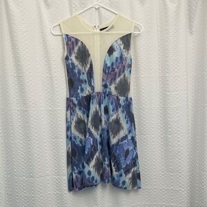 For Love And Lemons Blue and Cream sheer deep v dress Tie Dye pattern
